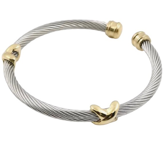 GOLD & SILVER PLATED TITANIUM STEEL ROPE CUFF BRACELETS WITH “X” DETAILS - Picture 8 of 12